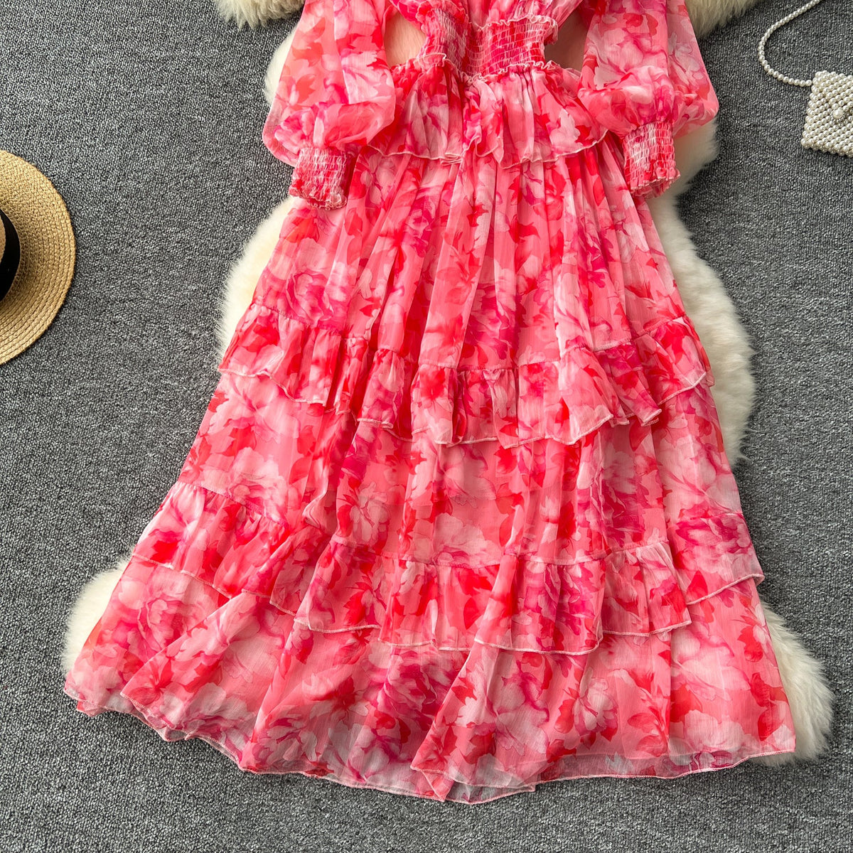 French Style V-neck Floral Chiffon Dress
