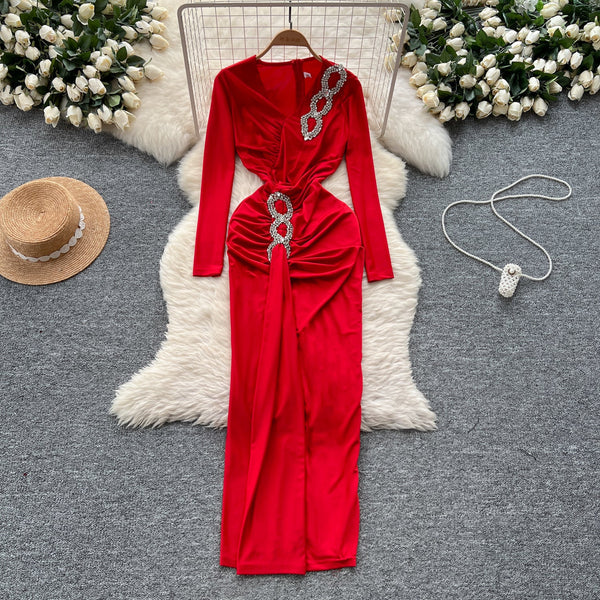 Premium V-neck Rhinestone Studded Dress