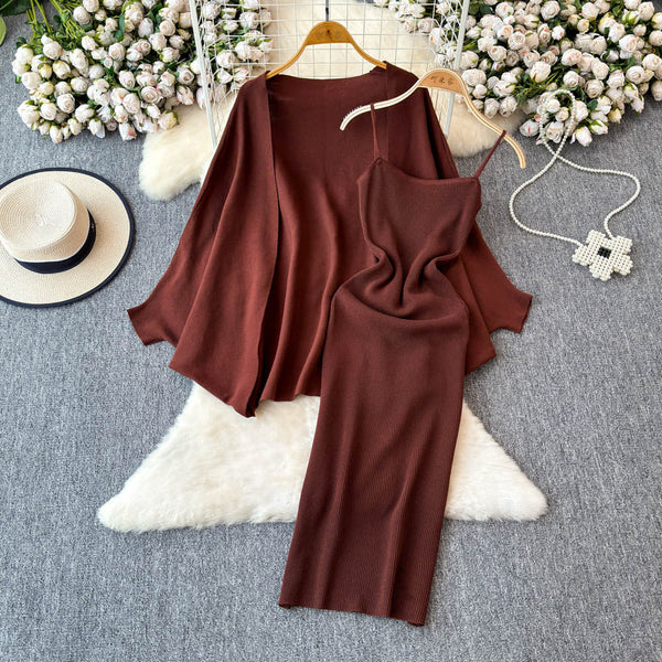 Knitted Shawl&Slip Dress 2Pcs