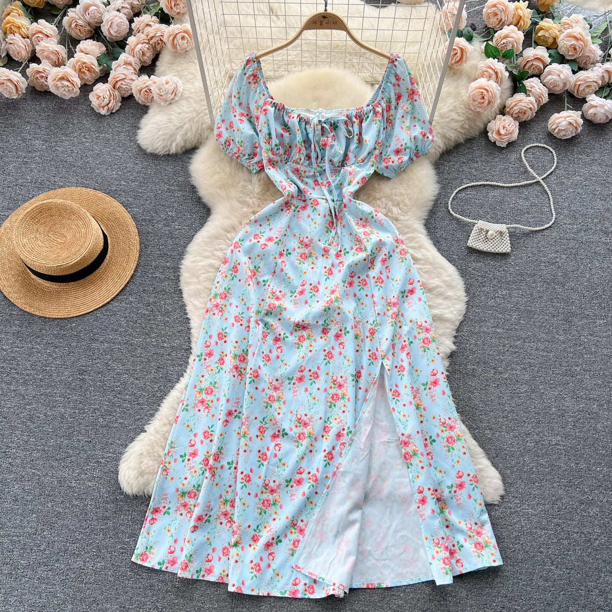Ruffled Neckline Floral Split Dress