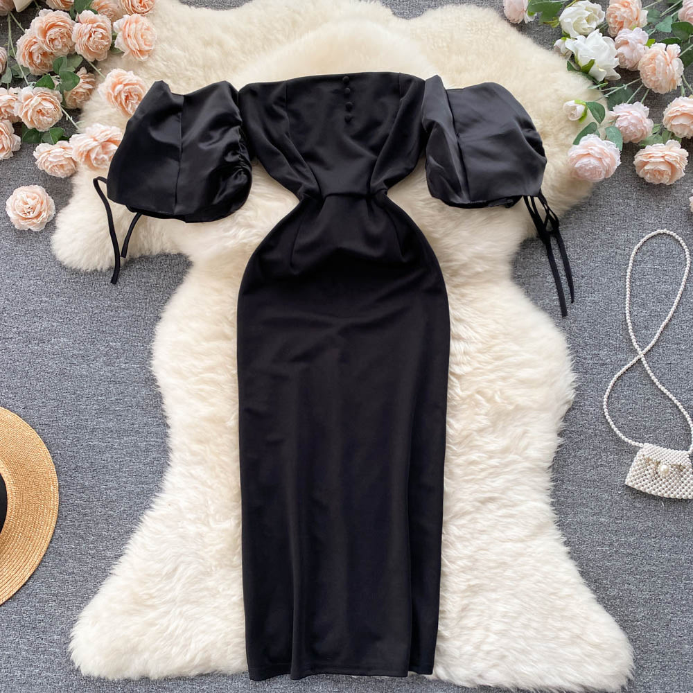 Off-shoulder Puffy Sleeve Black Dress