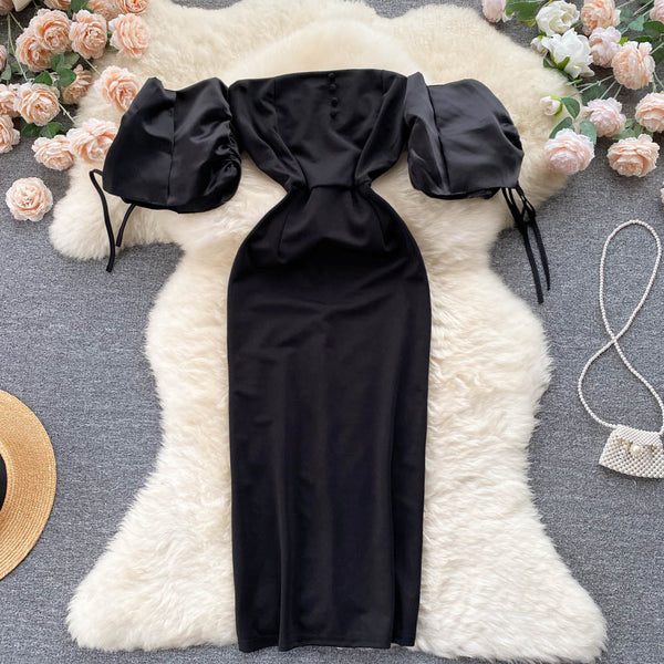 Off-shoulder Puffy Sleeve Black Dress