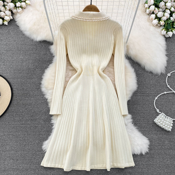 Vintage Lapeled Beaded Knitted Dress