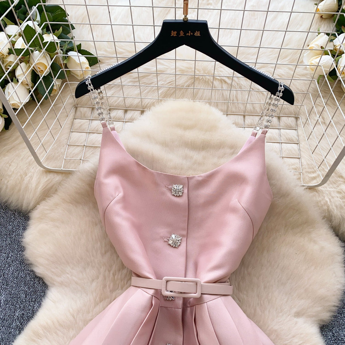 High-end Pleated Slip Dress with Belt