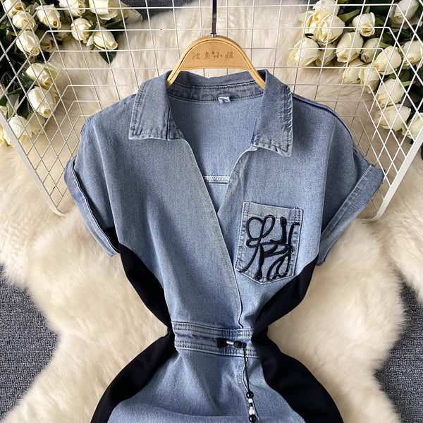 Ethnic Embroidered Lapeled Denim Dress