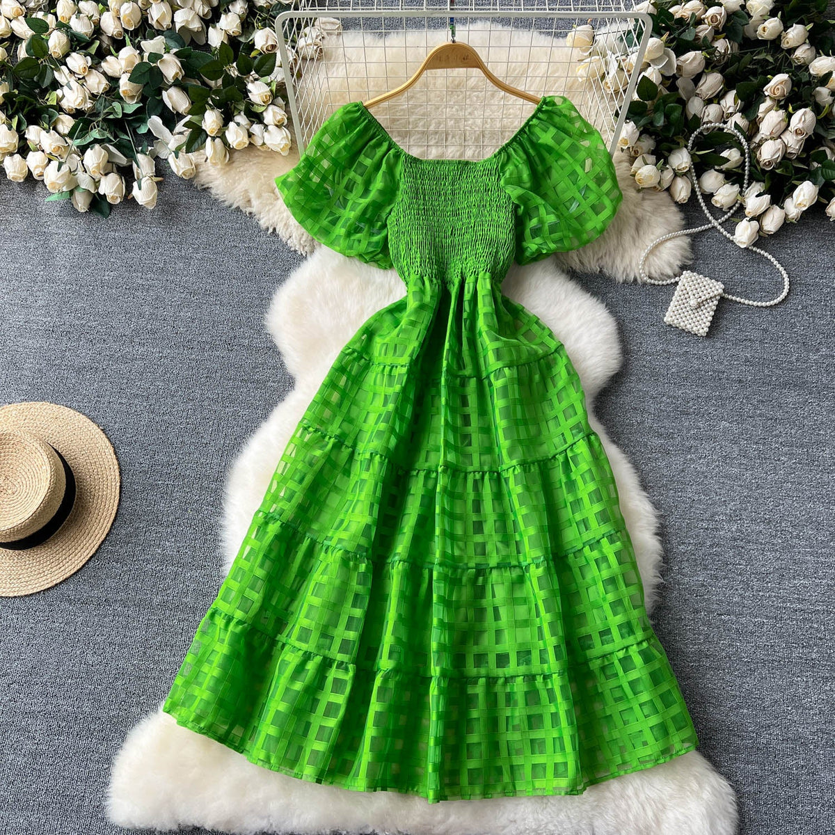 Solid Color Plaid Puffy Dress