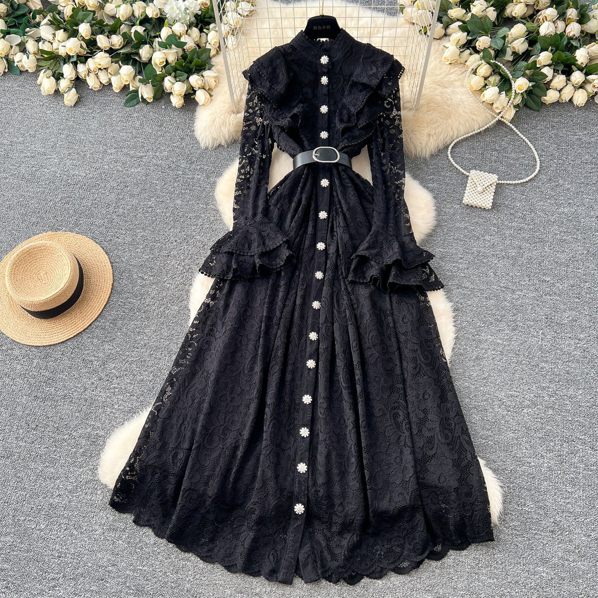 Elegant Embroidered Lace Shirt Dress