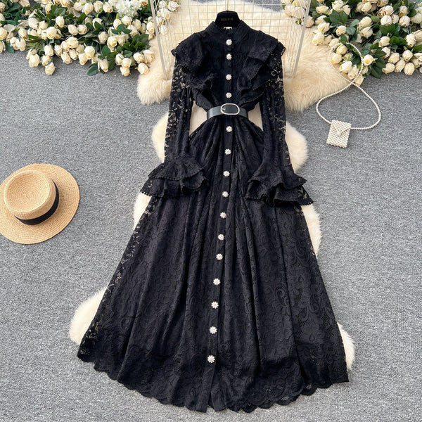 Elegant Embroidered Lace Shirt Dress