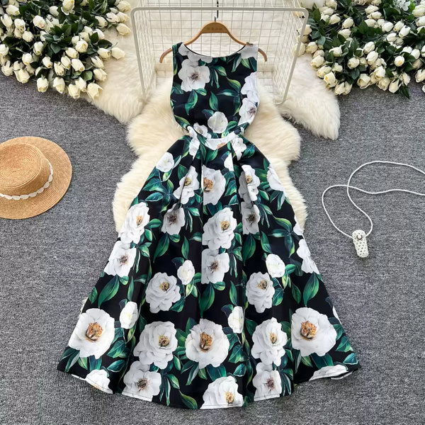 Vintage Sleeveless Floral Printed Dress