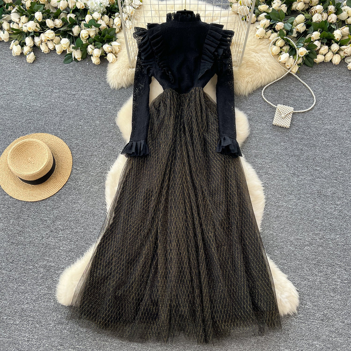 Ruffled V-neck Mesh Patchwork Dress