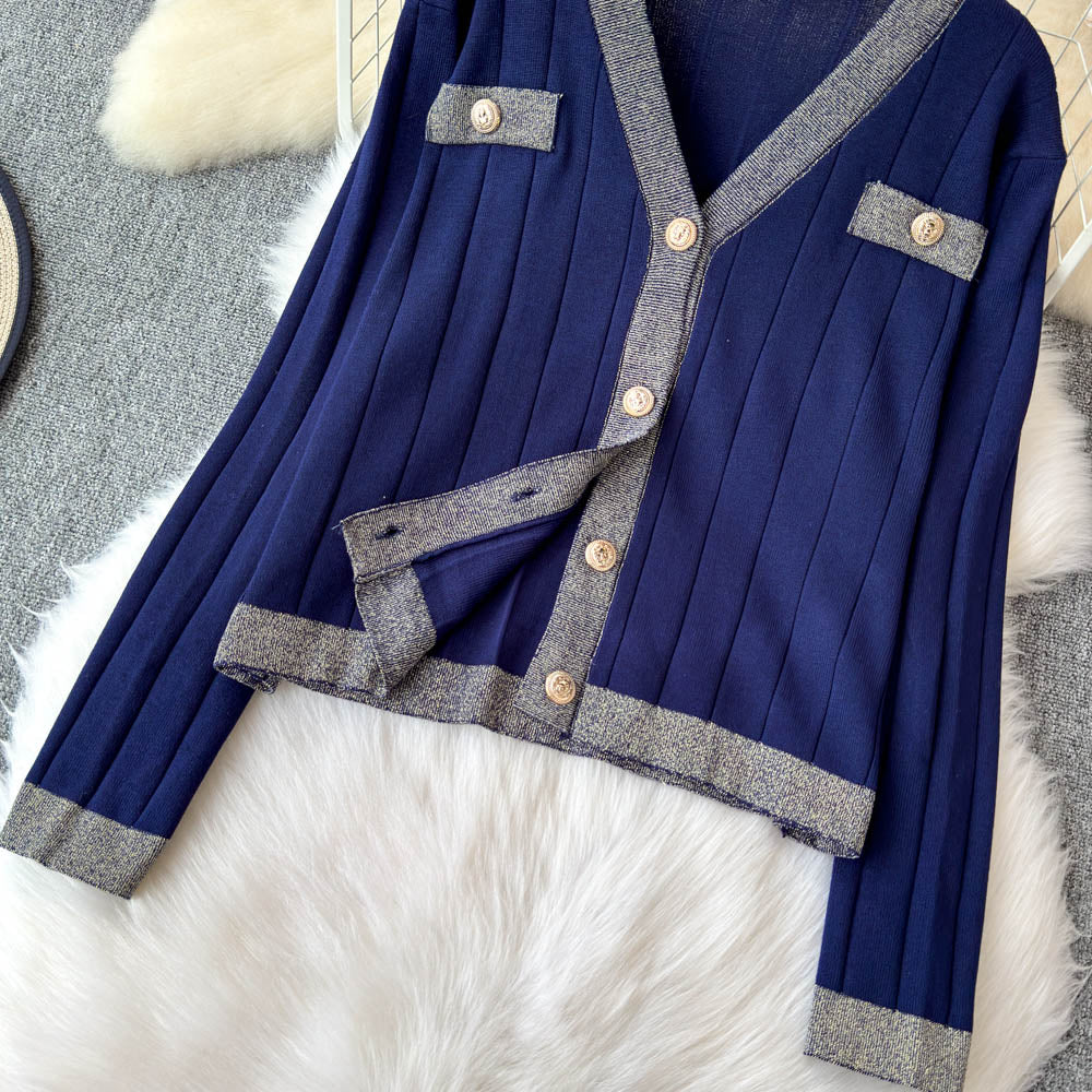 Cardigan&Vest Dress Color Blocking 2Pcs