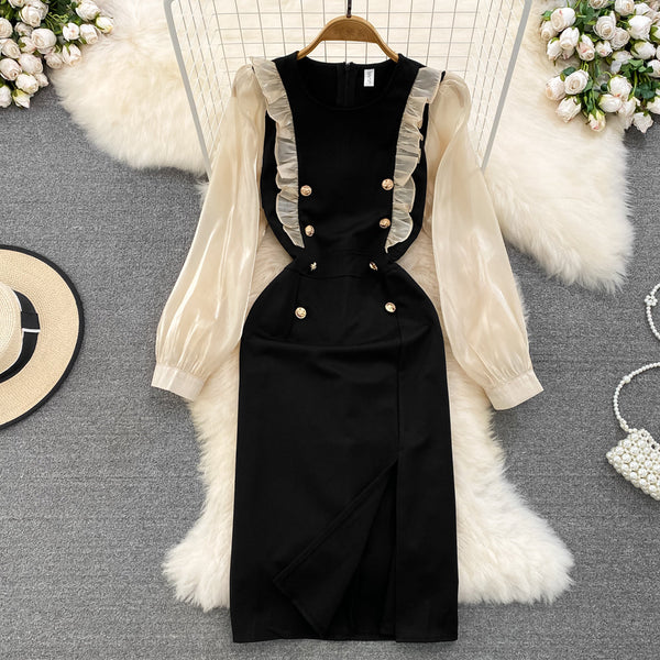 Lace Trim Double-breasted Black Dress