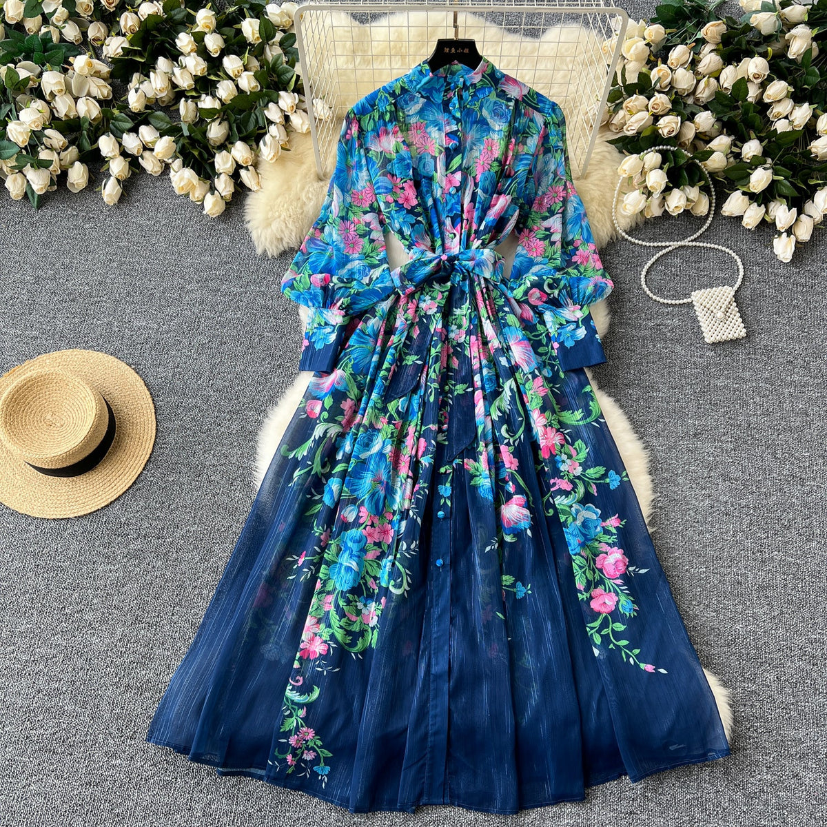 French Style Floral Chiffon Shirt Dress