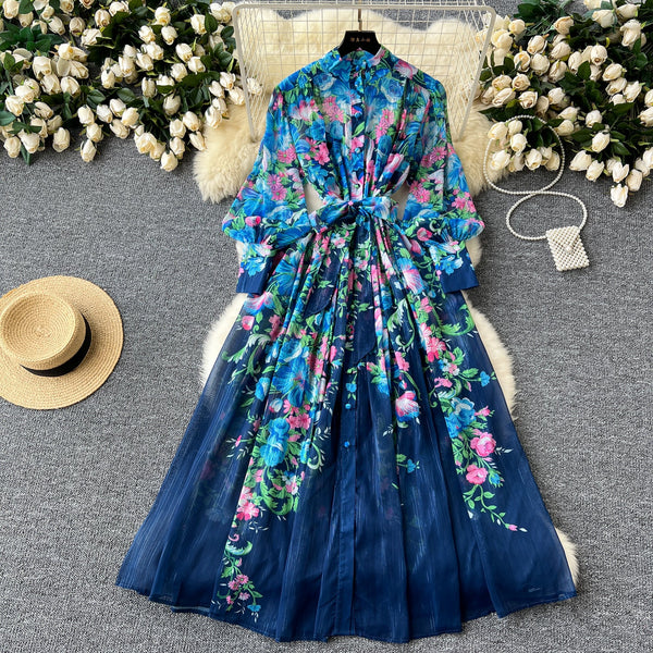 French Style Floral Chiffon Shirt Dress