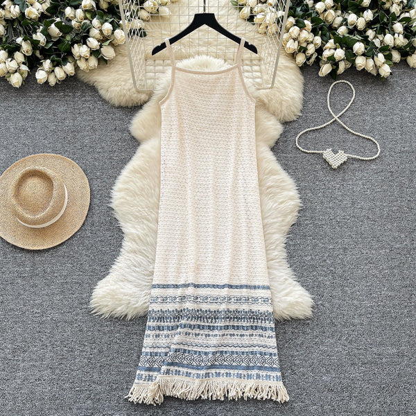 Bohemian Style Hollowed Fringed Slip Dress