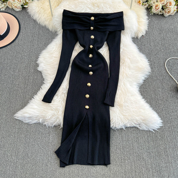 Vintage Off-shoulder Knitted Split Dress