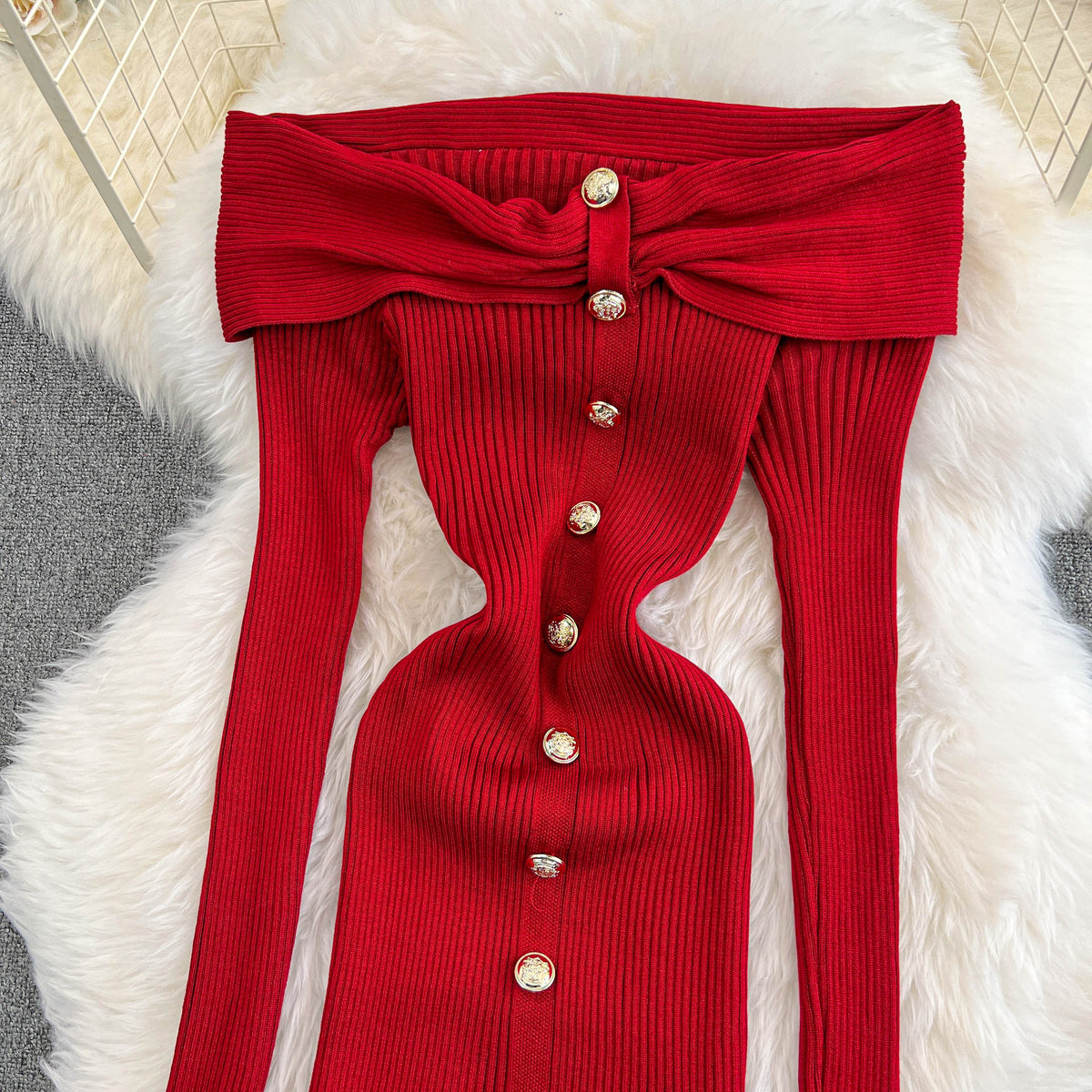 Vintage Off-shoulder Knitted Split Dress