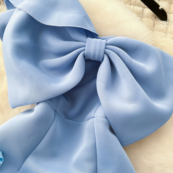 One-shoulder 3D Flower Wathet Dress