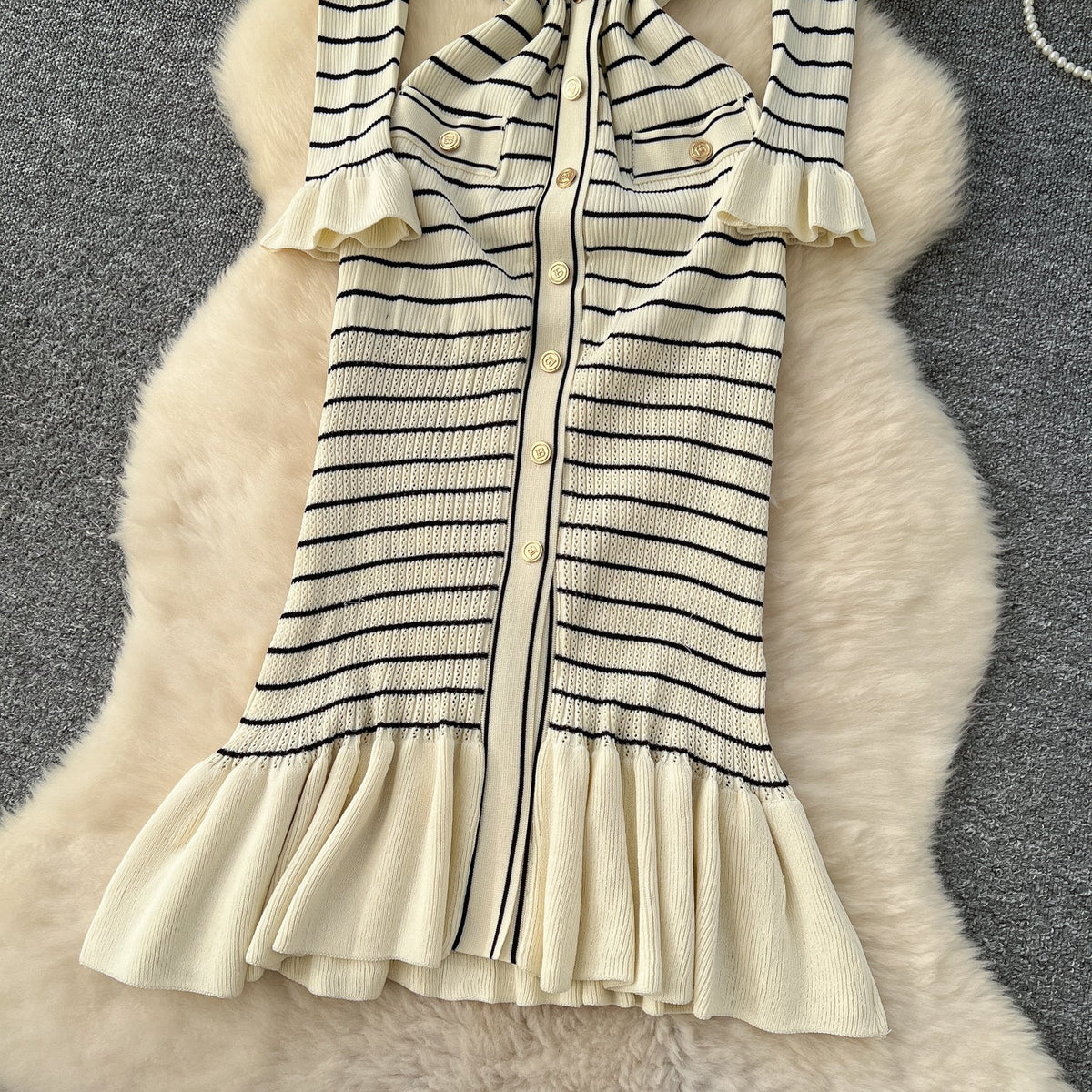 Vintage Striped Elastic Knit Dress