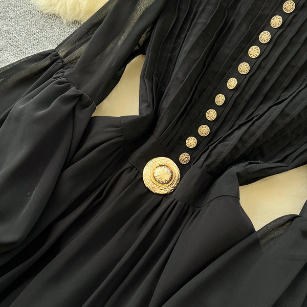 Elegant Metal Button Black Chiffon Dress