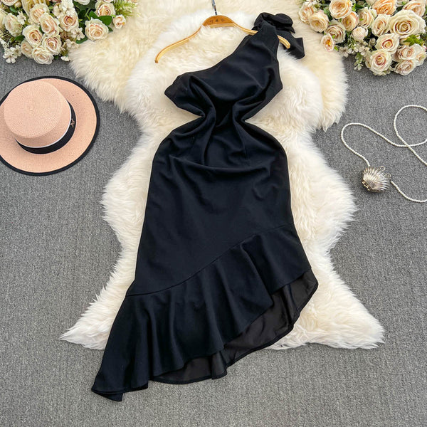 Slant Neckline Ruffled Black Dress