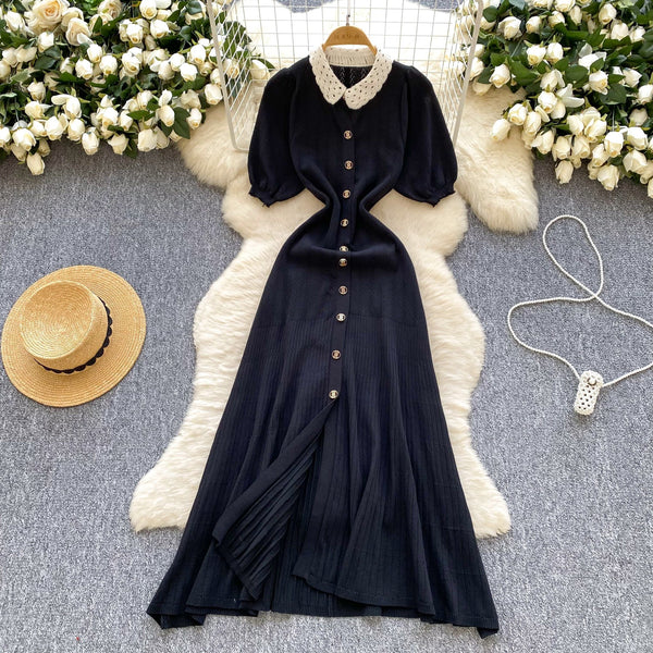 Doll Collar Single-breasted Knit Dress