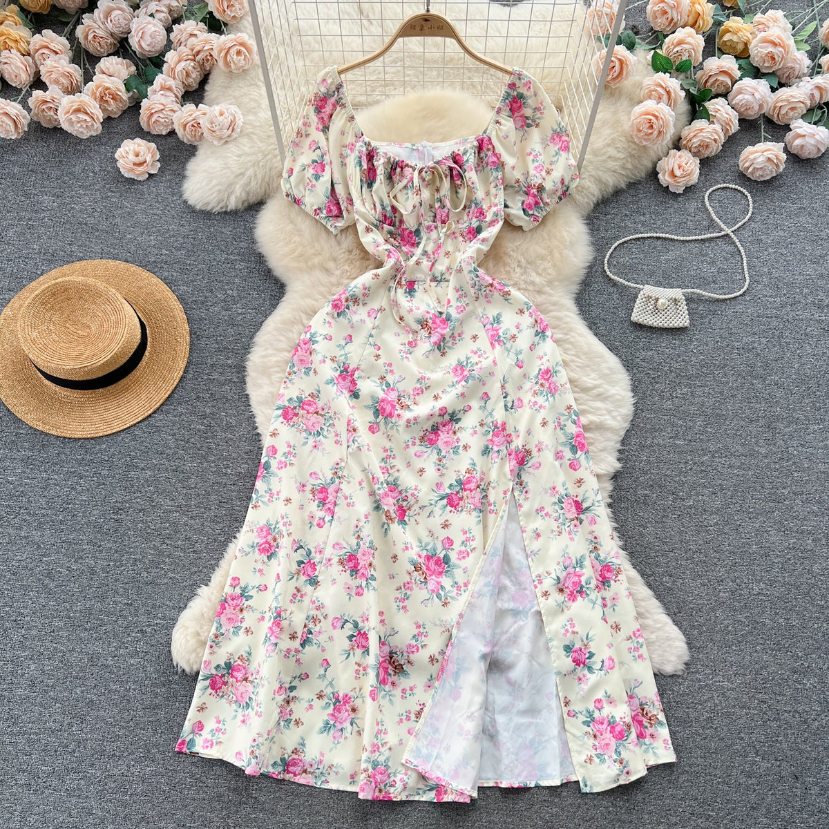 Ruffled Neckline Floral Split Dress