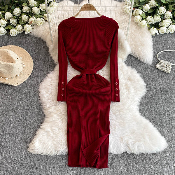 V-neck Bodycon Split Knitted Dress