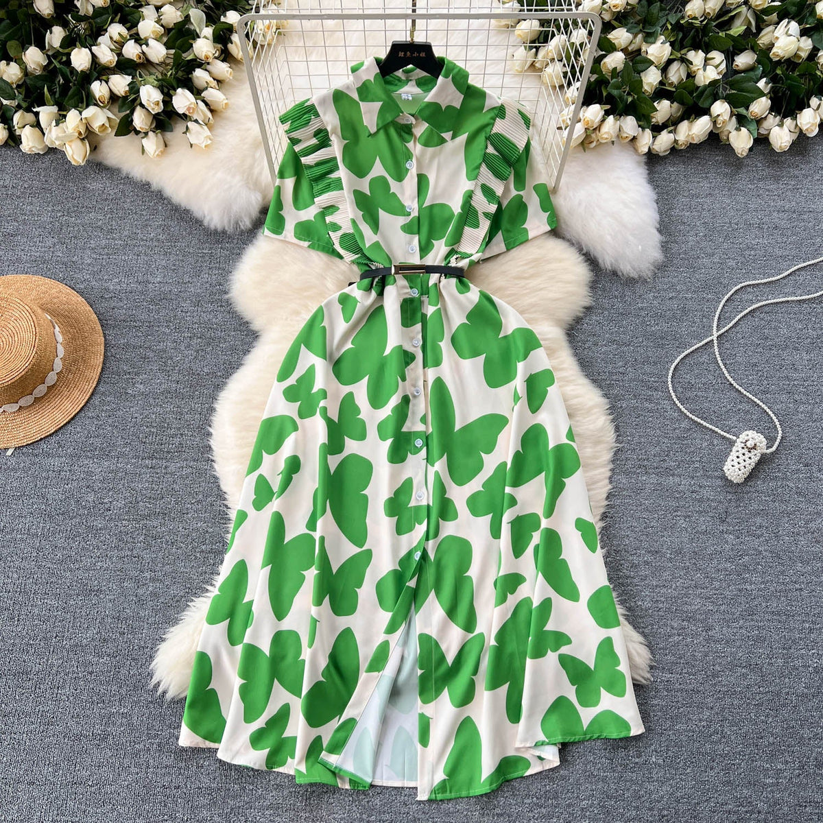Niche Ruffled Printed Shirt Dress