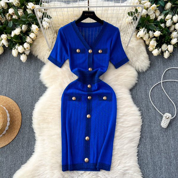 Elegant Metal Button Knitted Dress