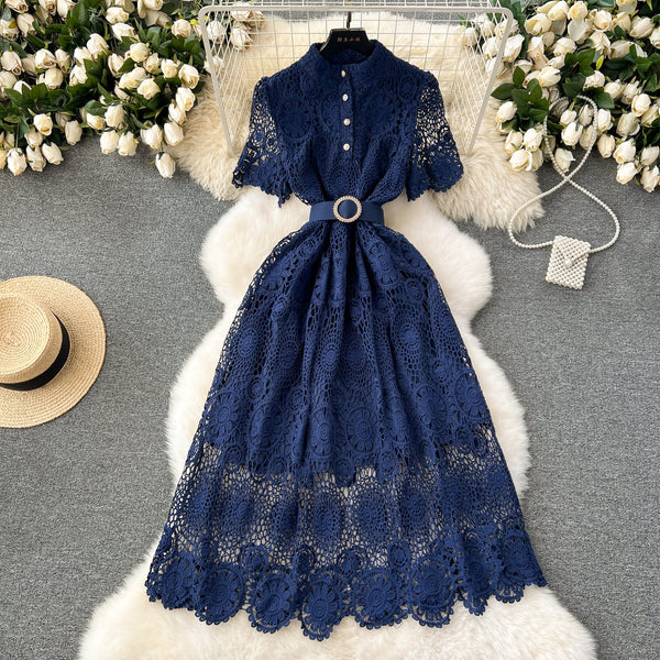 Courtly Stand Collar Hollowed Lace Dress