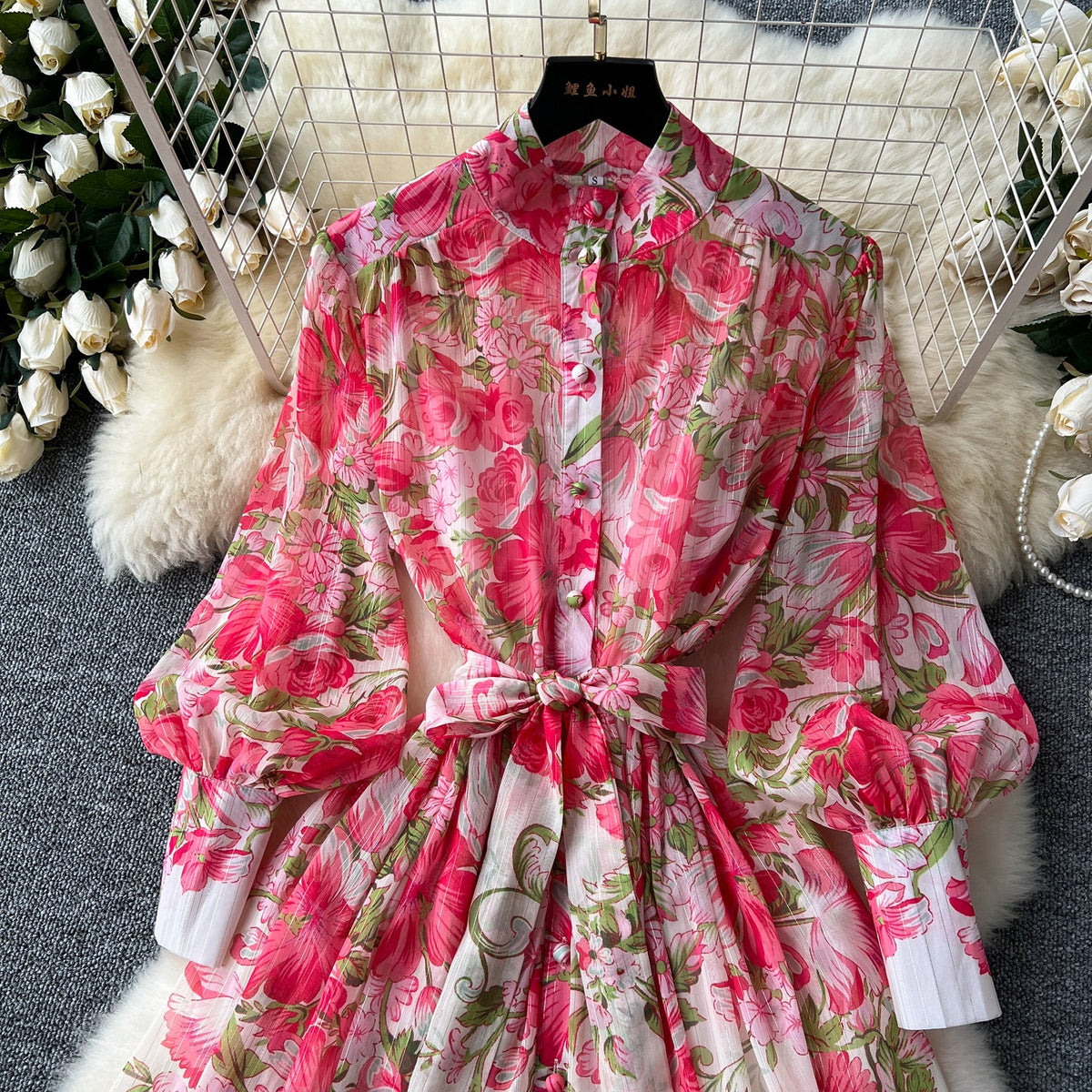 French Style Floral Chiffon Shirt Dress