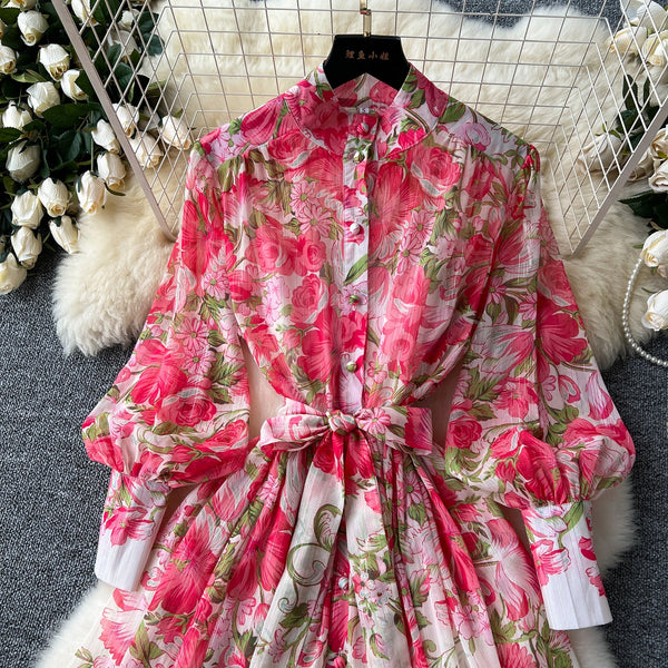 French Style Floral Chiffon Shirt Dress