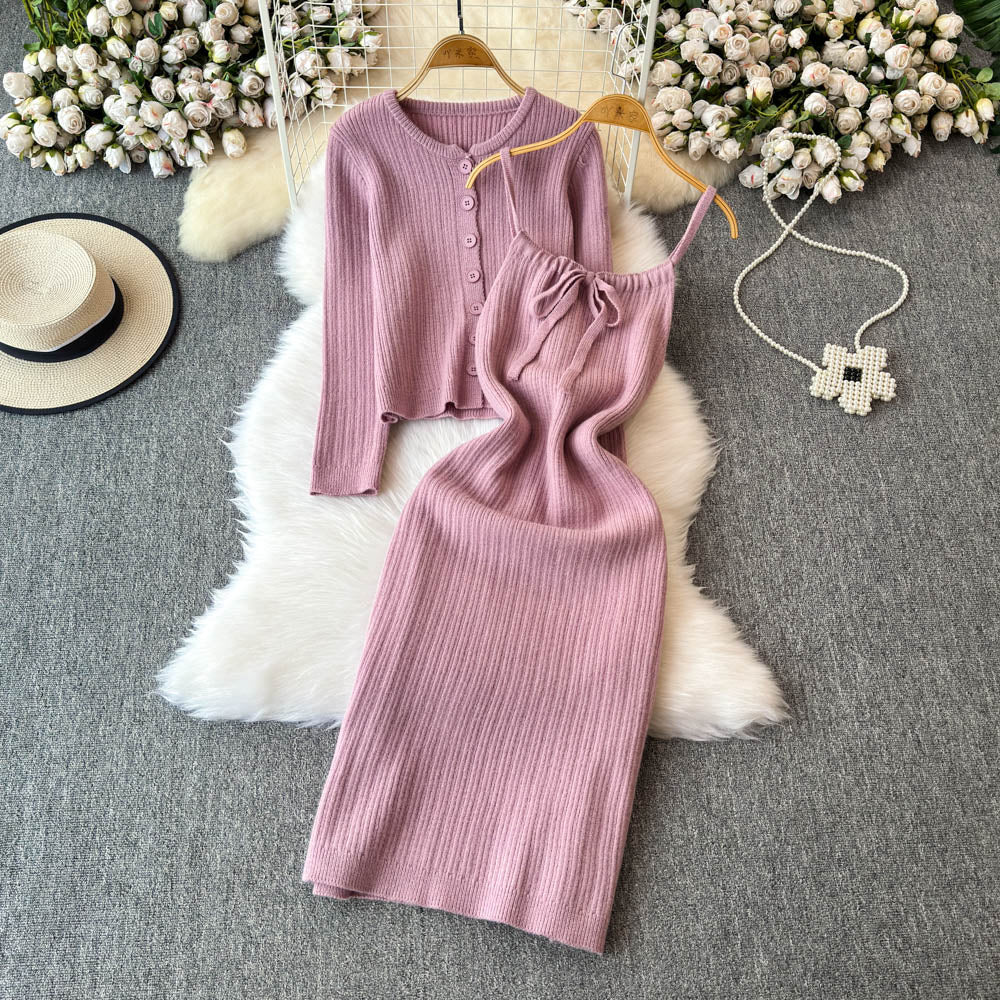 Cardigan&Lace-up Slip Dress Knitted 2Pcs