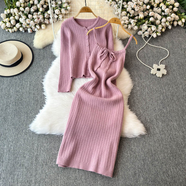 Cardigan&Lace-up Slip Dress Knitted 2Pcs