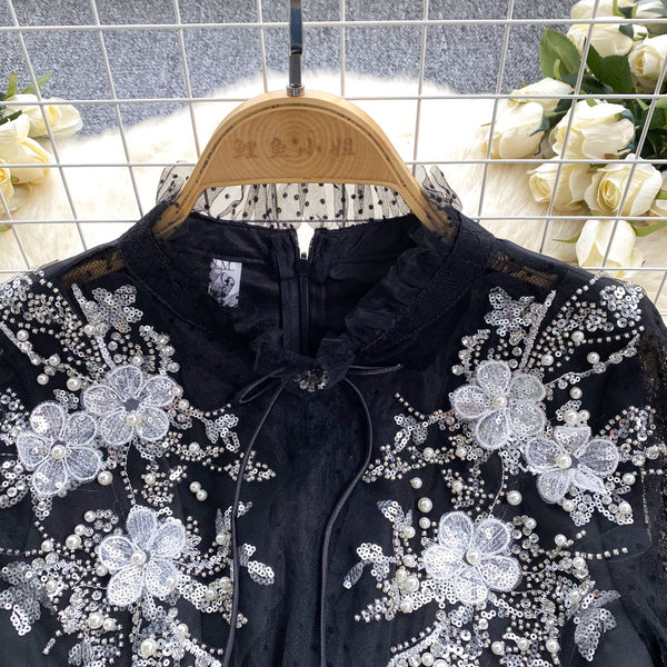 Beaded Mesh Embroidered Black Dress