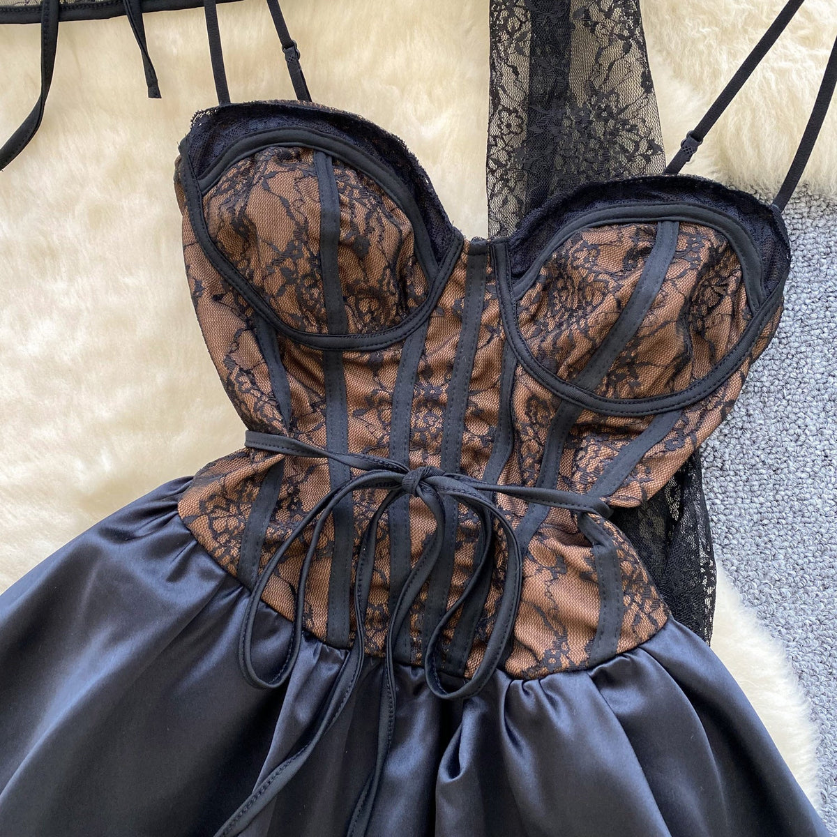 Embroidered Lace Black Puffy Dress