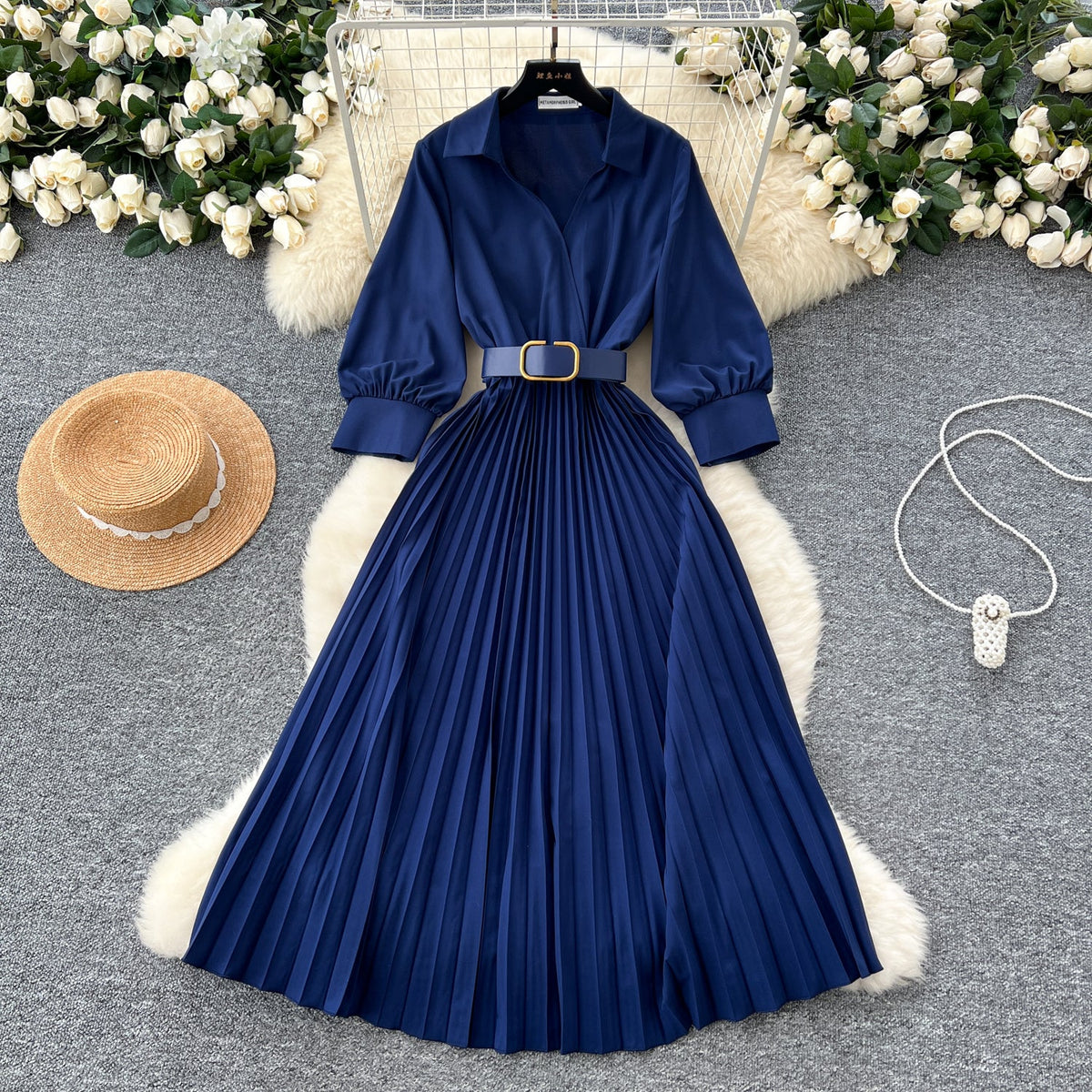 Lapeled Pleat Shirt Dress with Belt