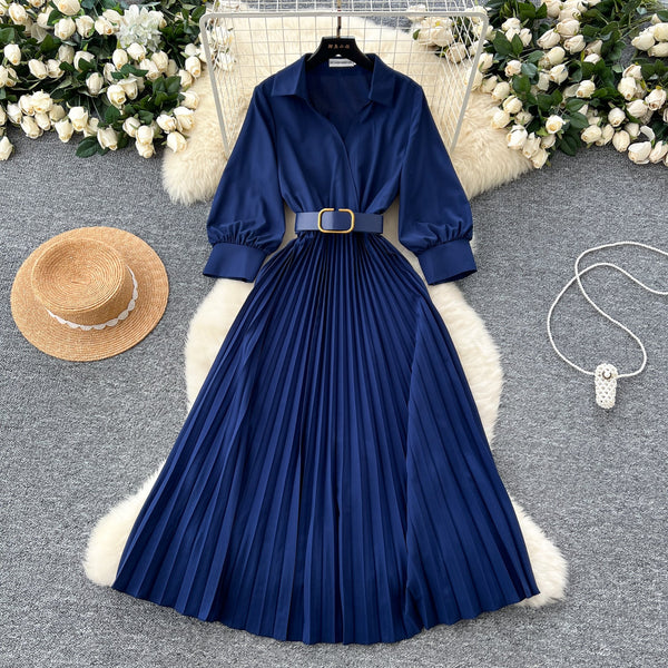 Lapeled Pleat Shirt Dress with Belt