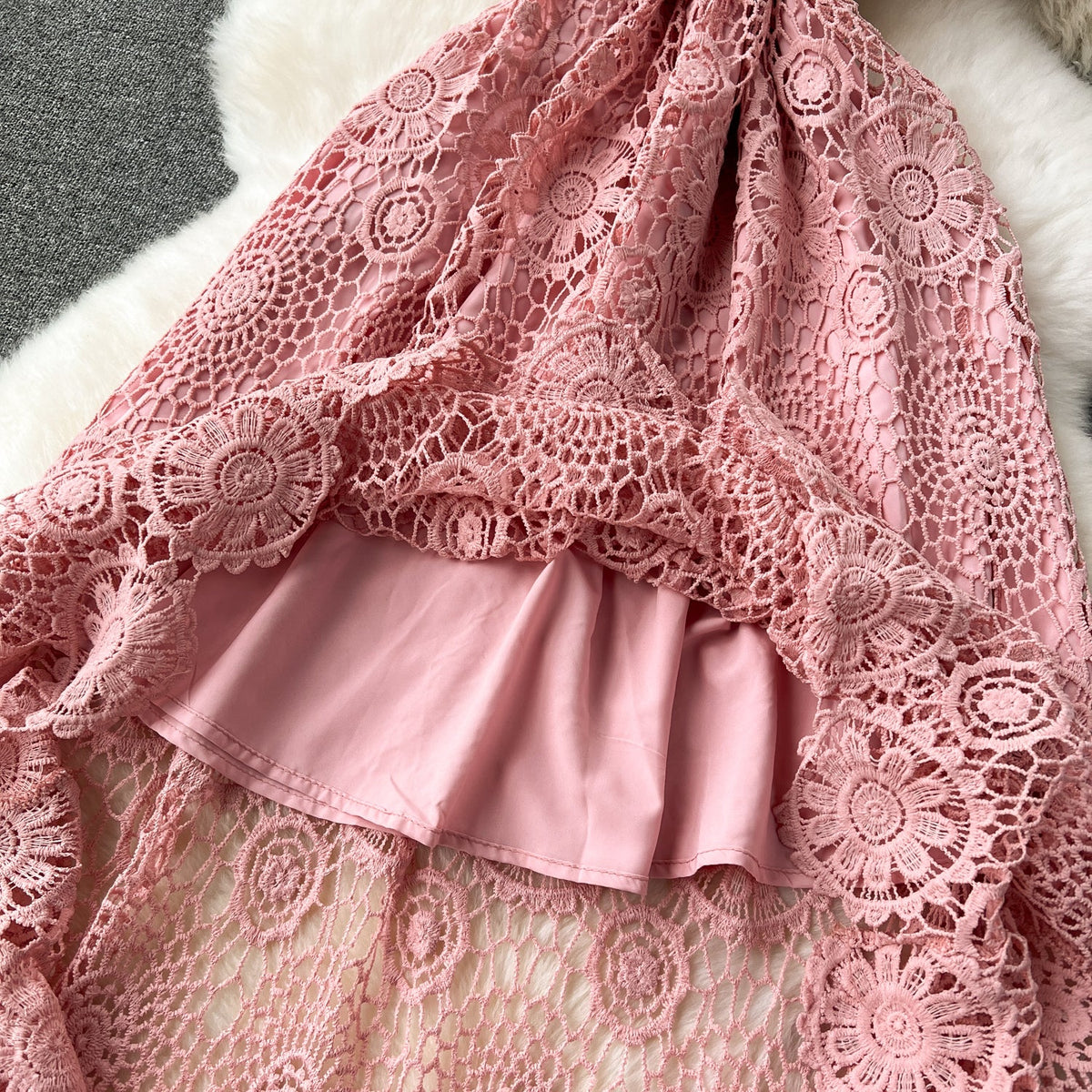 Courtly Stand Collar Hollowed Lace Dress