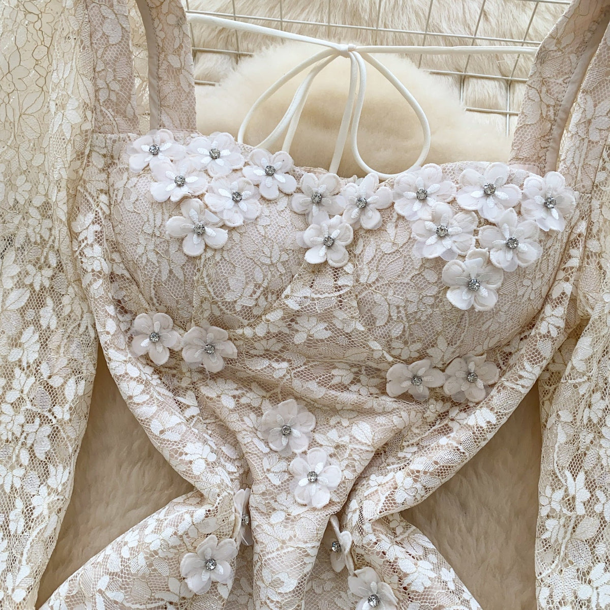 3D Floral Beaded Hollowed Lace Dress