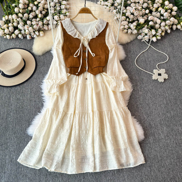 Vintage Vest&Lace-up Dress 2Pcs