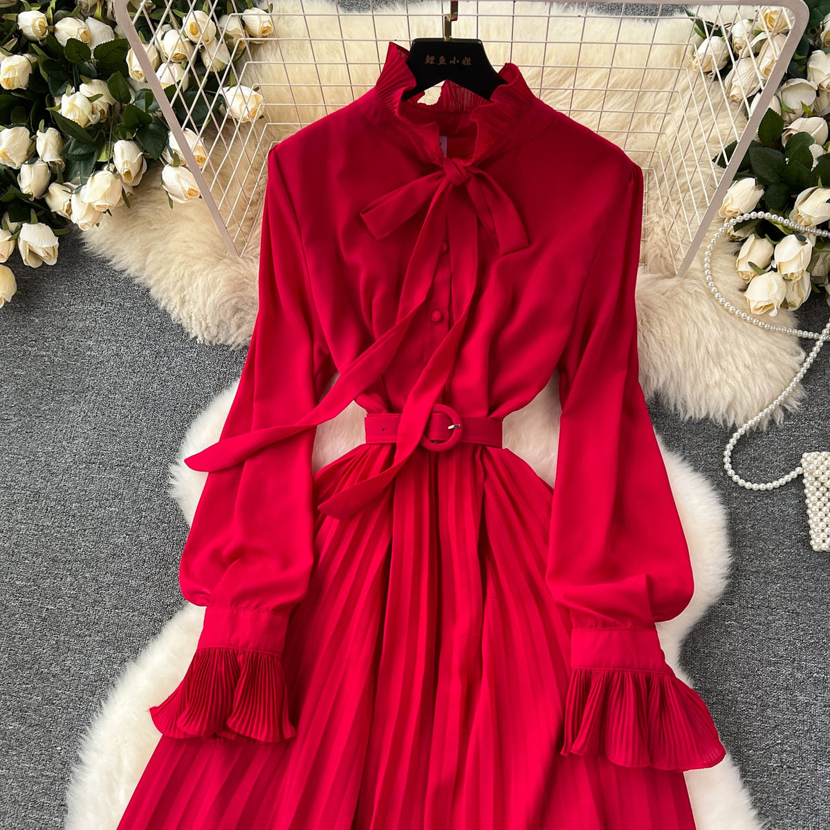 Solid Color Lace-up Shirt Dress