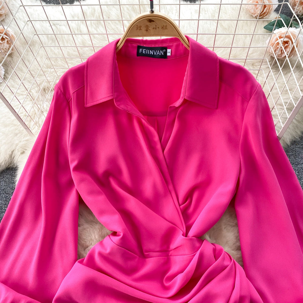 Solid Color Lapeled Satin Dress