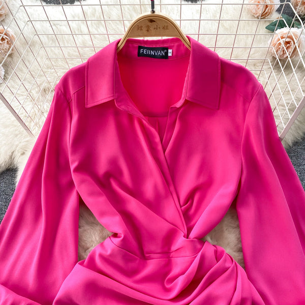 Solid Color Lapeled Satin Dress