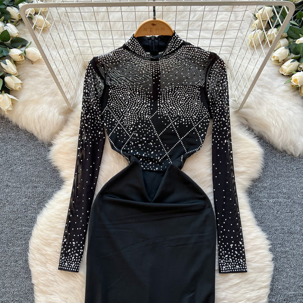 Rhinestone Studded Turtleneck Black Dress