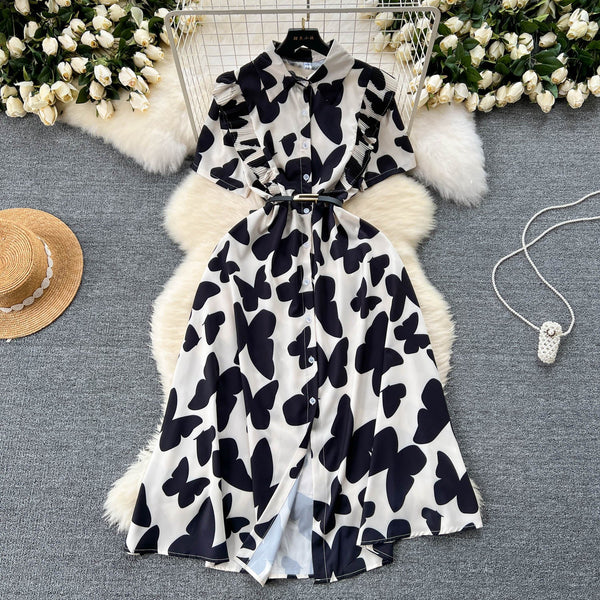 Niche Ruffled Printed Shirt Dress