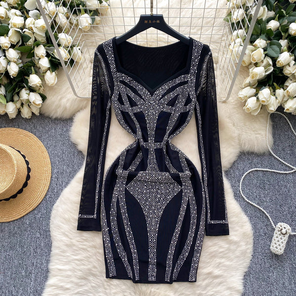 Vintage Rhinestone Studded Black Dress