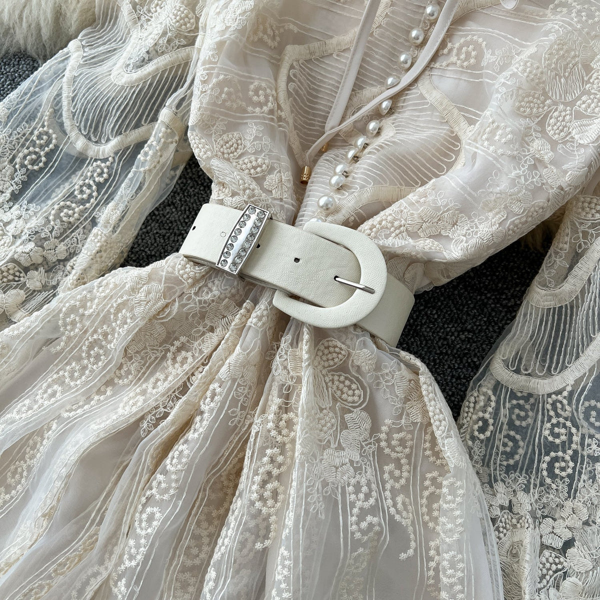 Embroidered Lace Apricot Shirt Dress