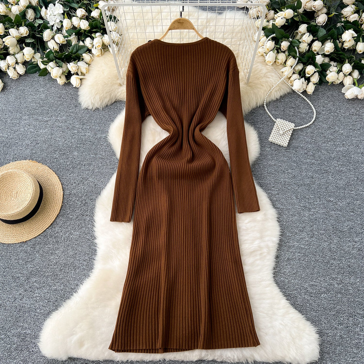 Round Collar Button Decorated Knitted Dress